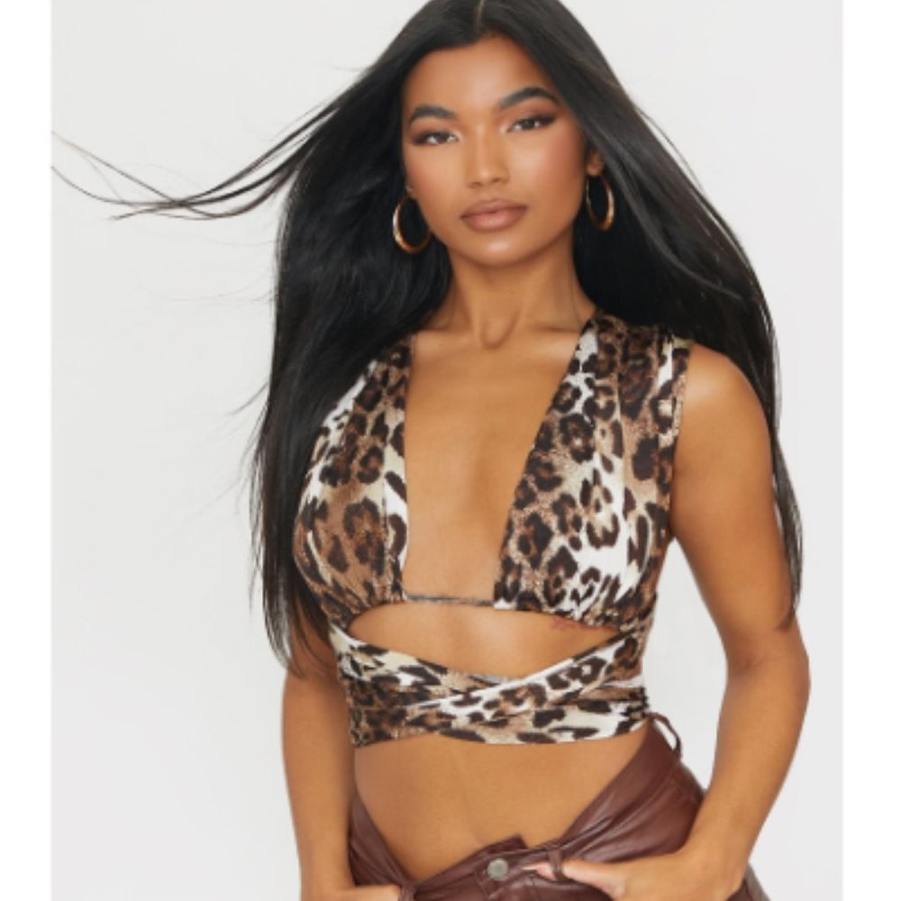 Pretty Little Thing Tan Leopard Print Slinky Halterneck Tie Strap Crop Top